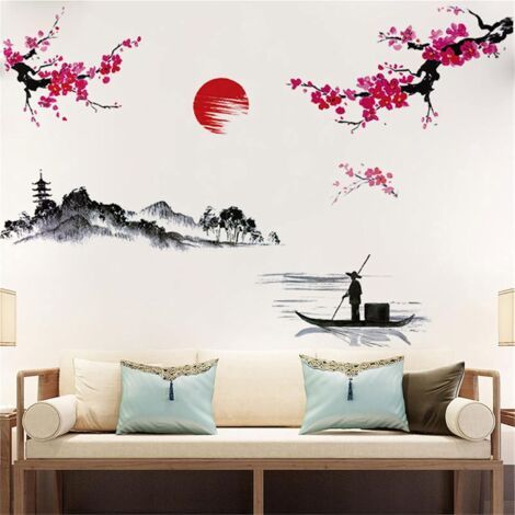 Sollbry 2 Feuilles Style Japonais Splash Ink Paysage Peinture Sticker Mural Fleur De Cerisier Rouge Stickers Muraux Amovible Peel and Stick Montagne Rivière Pêcheur Mural (1/5)