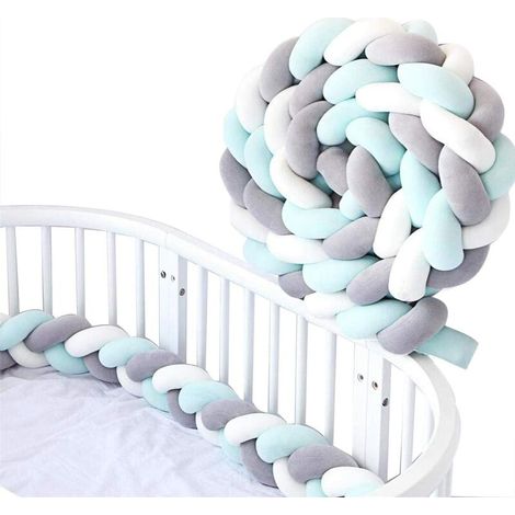 Tour De Lit Bébé Tressé Serpent Coussin Bébé Velours Berceau Pare-chocs Décoration Protection lit Bumper Pépinière Pour les Nouveau-nés lit 2M (Blanc + gris + vert clair), (1/5)