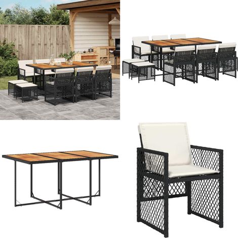 vidaXL 11-tlg. Garten-Essgruppe mit Kissen Schwarz Poly Rattan (1/5)