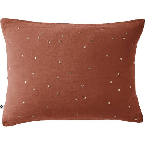 OUREA MOTIF - Taie d'Oreiller 50x70cm Gaze de Coton Terracotta à Pois Dorés (1/5)