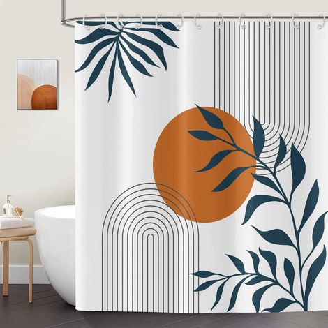 Rideau de Douche 180x200 cm Style Boho, Art Abstrait Moderne Feuilles de Soleil Lignes Blanc Lavables Textile Rideau Douche imperméable pour Baignoire avec 12 Crochets (1/5)