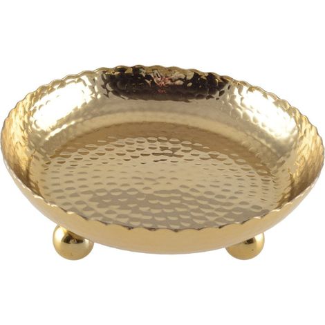 Plateau Rond Martelé Doré sur Pieds en Métal pour Table et Décoration 23 x 23 x 8 cm - PANGIVO (1/5)