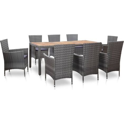 Set da pranzo da giardino da 9 pezzi e cuscini in resina intrecciata grigia 020014843