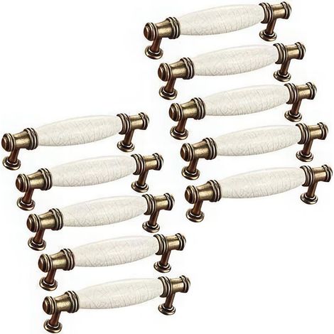 Antike Schubladengriffe aus Messing und Keramik, 10er-Packung, feines gelbes Craquelé-Muster, 128 mm Lochabstand, für Schränke, Küchen, Badezimmer und Schubladen. (1/4)