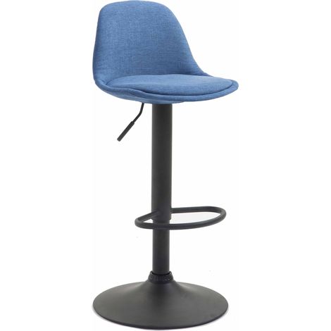 Taburete de bar en tela azul y estructura de metal negro patas de trompeta regulables en altura 100001048