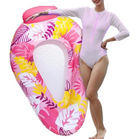 Chaise longue gonflable pour piscine, flottant à motif feuille d'érable avec appui-tête, chaise longue flottante pour l'eau 145 x 95 x 43 cm, rose (1/5)