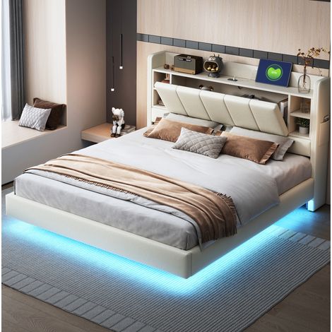 Bett mit Stauraum 160x200 cm, Polsterbett aus Leinenstoff in Beige, mit LED-Lichtleiste, USB-Anschluss und Lattenrost (1/5)