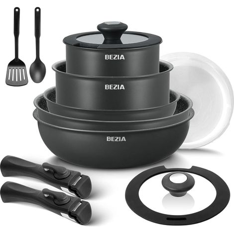 Set de casseroles et poêles induction 13 pièces avec poignées amovibles, antiadhésif, tous feux, empilable, noir (1/5)