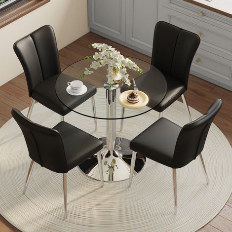 Ensemble de salle à manger en verre transparent et métal argenté, chaises en PU noir, table ronde Ø85x76 cm (1/5)