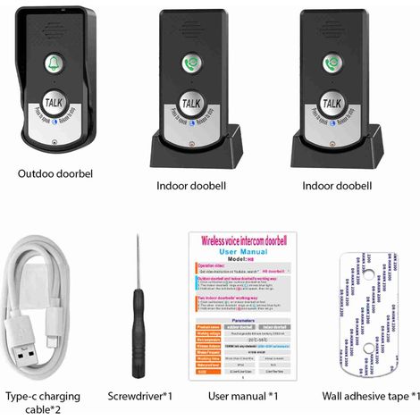 Timbre inteligente inalámbrico recargable con 3 niveles de volumen, alcance de 1000 m, timbre electrónico negro para el hogar, con 2 unidades interiores y 1 unidad exterior, resistente al agua IP54, b (1/2)