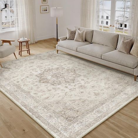 Vintage Tapis Salon 160x230cm Beige Chambre AntidéRapant Lavable en Machine Doux Grand Carpet Salle a Manger Descente de Lit Chambre Adulte Poil Ras Rug