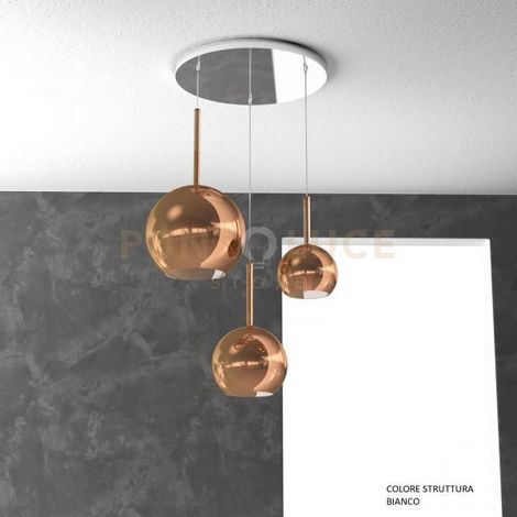 SOSP. BIANCO TONDA 3 LUCI VETRI (1 GRANDE+1 MEDIO+1 PICCOLO) TUTTI RAME 1155BI-S3 TMIX-RA