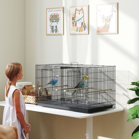 Animal Cage à oiseaux volière intérieur acier avec séparateur 4 perchoirs plateau coulissant mangeoires 76 x 46 x cm - noir