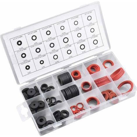 Joint Rondelle en Caoutchouc, 141 PCS Rondelle en Caoutchouc et Joint Fibre, 18 Tailles Joint Plat d'Etanchéité, Assortiment de Rondelles pour Robinet, Vanne, Pompe, Plomberie -Noir et Rouge (1/4)