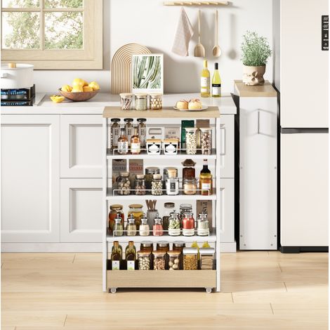 Carrello salvaspazio 55x16x85 cm bianco e naturale in MDF con 4 ripiani regolabili e ruote (1/5)