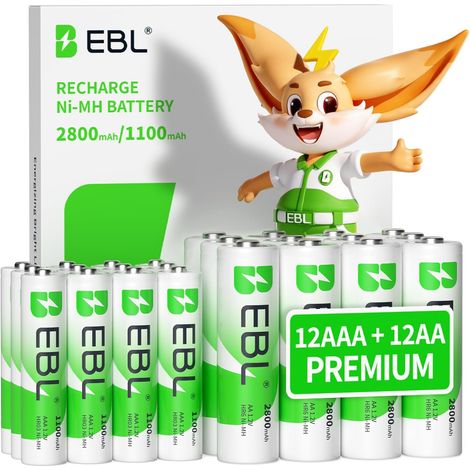 24PCS AA et AAA Piles Rechargeables, 12xAA 2800mAh et 12xAAA 1100mAh 1,2V NiMH avec Cycles de Charge 1200Tech, Kit Pratique pour Controleur de Jeu, Souris Téléphone sans Fil, Télécommande, etc. (1/5)