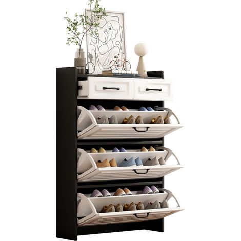 CHICFURN Scarpiera 80x23,5x131 cm in truciolare bianco e nero, 3 ribalte e 2 cassetti per ingressi (1/5)