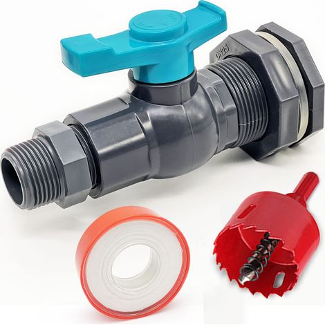 Kit de robinet de baril de pluie avec une scie cloche comprenant un raccord de cloison en PVC, un ruban d'étanchéité et un adaptateur fileté mâle de tuyau d'arrosage (1,9 cm mâle) pour connecteur (1/5)