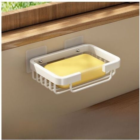 Porte-savon mural en aluminium blanc avec filet à savon, non perforé, à ventouses, avec système d'égouttage, sans perçage et peu encombrant. (1/5)