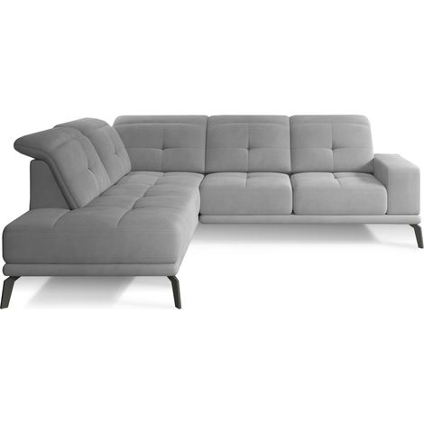 Canapé d'angle gauche design matelassé tissu doux brillant gris clair et pied noir Kazane 275cm (1/5)