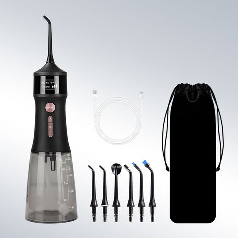 Hydropulseur puissant et sans fil de 350 ml, irrigateur buccal portable avec 5 réglages de pression, comprend 1 hydropulseur + 2 embouts standard + 4 embouts à fonctions + sac de rangement, convient à (1/5)