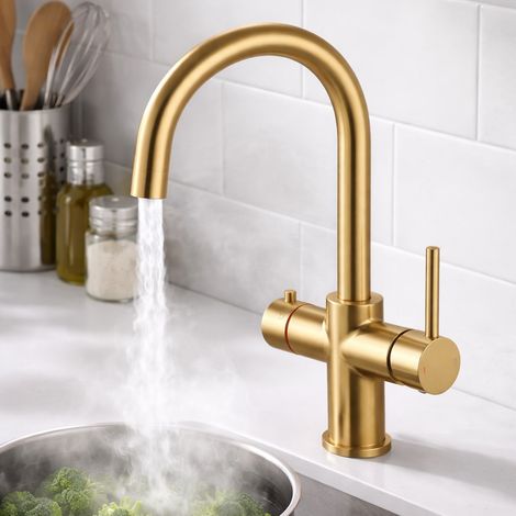 Brushed Brass 3 in 1 Instant Boiling Hot Water Kitchen Tap Curved Swan Spout