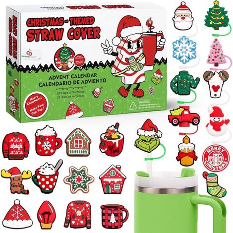 Advent Calendar 2024 - Christmas Countdown Calendar 24 Days of Surprises with 10mm Straw Lid - Straw Topper for 32oz, 44oz Glass Tumblers, Fun Gift for Kids, Teens, Boys, Girls, Adults (1/5)