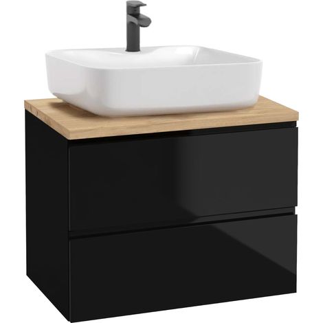 Waschtischunterschrank – Hochglanzschwarz – 60 cm – Waschbeckenunterschrank – Modernes Design mit Eichenblatt