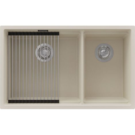 PRIMAGRAN Evier Cuisine en Granit 76x47cm,Lavabo 2 bacs + Kit de Vidage + Égouttoir Enroulable, Évier à Encastrer au meuble 80cm - Prague Slim Duo, Beige