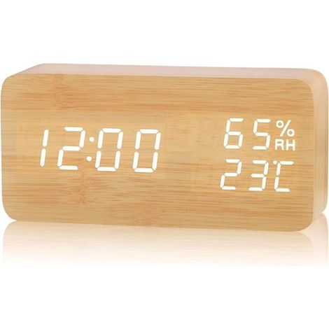 LED Réveil électronique en Bois, Horloge Numérique avec 3 Réglages d'Alarme, Numérique Réveil Alimenté par USB Affichage de l'Heure, de la Température et de l'Humidité,12/24 Heure (1/4)