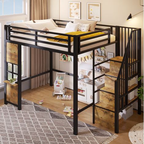 Letto a soppalco 140x200 cm nero in metallo e MDF con scala contenitore e spazio gioco (1/5)