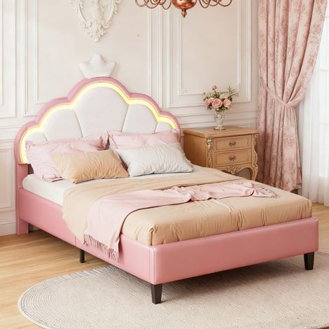 Kinderbett Polsterbett 90x200cm mit LED, Bettgestell Mädchen mit verstellbarem kopfteil in kronenform, Prinzessinnenbett mit hölzernem lattenrost, Samt, Rosa (1/5)