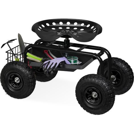 Relaxdays Siège roulant de jardin, hauteur réglable, 150 kg, accessoire jardinage, roues pneumatiques, noir
