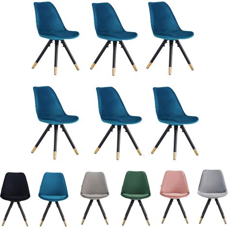 Set of 6 Blue Sofia Ergonomic Modern Dining Chairs Upholstered in Velvet, Metal Legs with Gold End Tips (1/5)