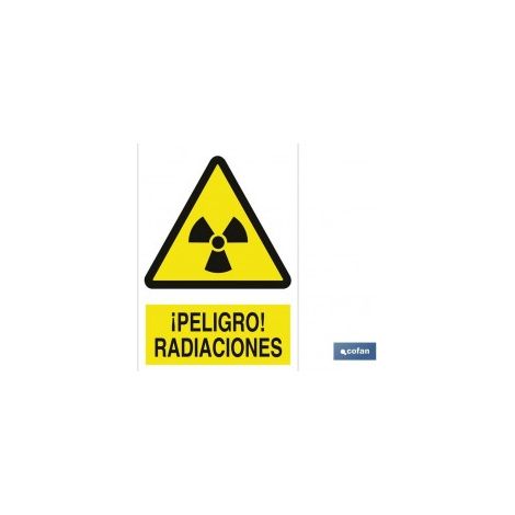 Cartello di pericolo radiazioni in polistirolo 420x297mm, spessore 1,5mm, adesivo.