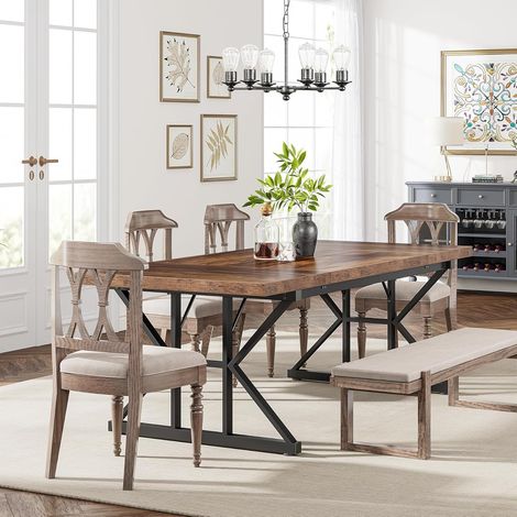 Tribesigns Farmhouse Dining Table for 6 People, 63-Inch Rectangular Wood Dining Table, Rustic Kitchen Table with Heavy Duty Metal Legs for Dining Room (Brown/Black) (1/4)