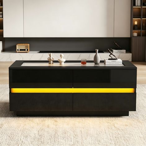 Couchtisch aus Spanplatte, 100x50x40 cm, Schwarz, mit 4 Schubladen und LED (1/5)