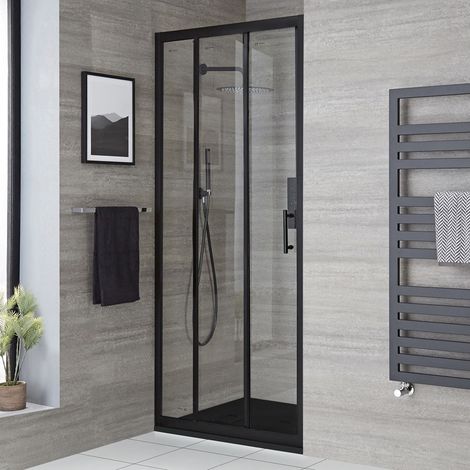 Hudson Reed Nox - Porte de Douche Coulissante à Trois Volets avec Receveur Effet Texturé Graphite - 90 x 170cm - Noir (1/5)