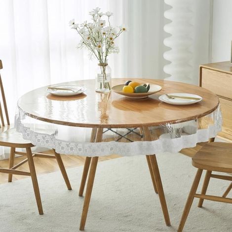 Nappe en dentelle blanche transparente lavable, nappe ronde en PVC (150x150 cm), imperméable et résistante à l'huile, protège les meubles. (1/5)