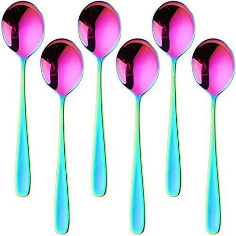 Ensemble de 6 cuillères de table en acier inoxydable aux couleurs de l'arc-en-ciel, polies miroir, compatibles lave-vaisselle, pour la maison, l'hôtel et le restaurant. Idéales pour les sauces et autr (1/5)
