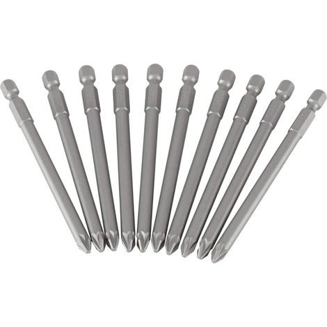 Stanley 10-Piece Pozidriv PZ2 Screwdriver Set (100 mm) with Hex Shank 1/4", Extra Long for Precise Fastening, Durable Steel, Professional and Carpentry Use, Gray (1/4)