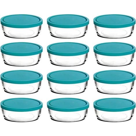 Boîte de conservation - JUANIO - Lot de 12 - Verre rond 18×6,5 cm - Couvercle hermétique - Compatible congélateur (1/4)