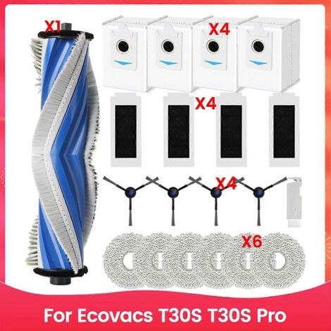 Accessoires pour aspirateur robot Ecovacs T30S et T30S Pro : brosse latérale principale, filtre HEPA, lingette de nettoyage, sacs à poussière