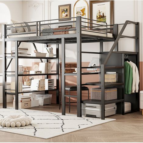 Cama alta 140x200 cm negra de metal con escritorio, armario y estanterías (1/5)