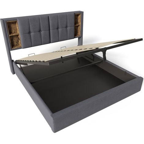 Cama doble tapizada 140 x 200 cm gris con almacenamiento y carga inalámbrica HOMVRA (1/5)