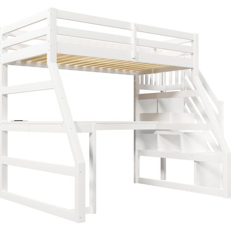 Hochbett 90 x 200 cm mit L-Schreibtisch, LED-Beleuchtung, USB und Stauraumtreppe weiß (1/5)