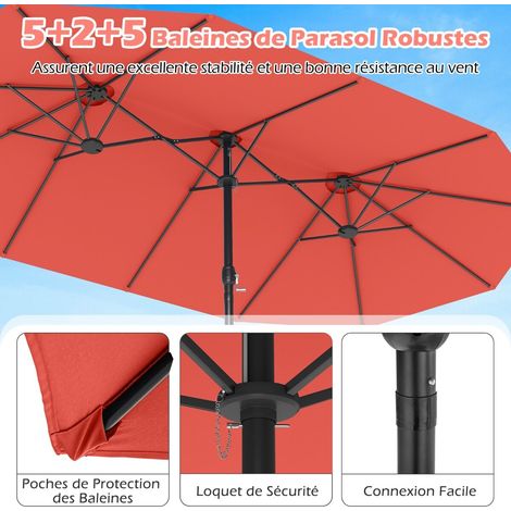 Parasol double orange en polyester avec UPF 50 , manivelle, 12 baleines et base lestable pour terrasse, jardin et piscine (1/5)