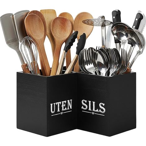Porte Ustensiles Cuisine Extra Large, 24x24x16cm, Pot a Rangement Ustensile Organiseur Cuisine en Bois avec 3 Compartiments, pour 30 à 40 Ustensiles, Decoration Comptoir, Fourchettes et Cuillères (1/5)