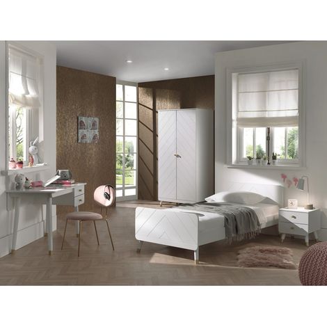 TINY WHITE - Lit 90x200cm + Chevet + Armoire 2P + Bureau (1/5)