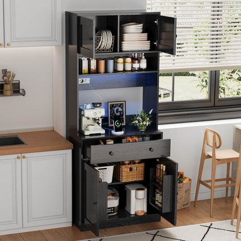 Armario de cocina alto de 180 cm con LED, enchufes y cajón, MDF negro DESVIAE (1/5)